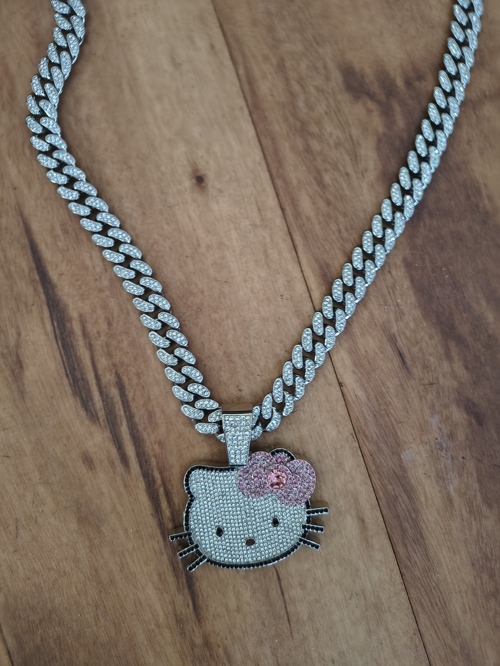 Hello Kitty Pave Pendant Necklace in Silver and Pink